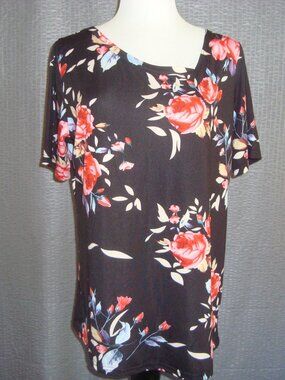 Misfay Short Sleeve Black Floral Print Uneven Neck Top sz L NWT